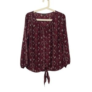 West Kei Burgundy Snakeskin Print Front Tie Long Sleeve Blouse Womens Medium